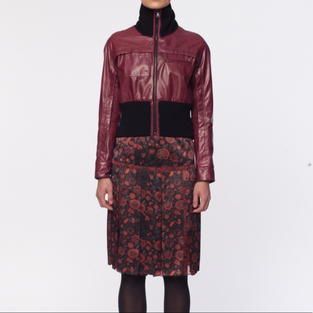 Maroon Crop Leather Jacket w/ ribbed knit details